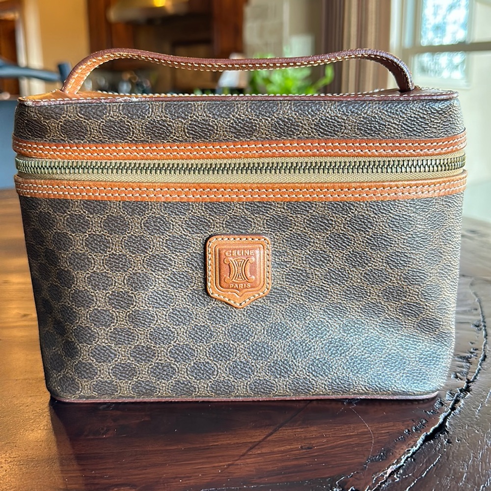 Celine Macadam Canvas Vanity Cosmetic Handbag Tote Pouch Brown Tan Vintage